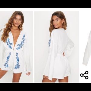 White flare sleeve Embroidered romper
